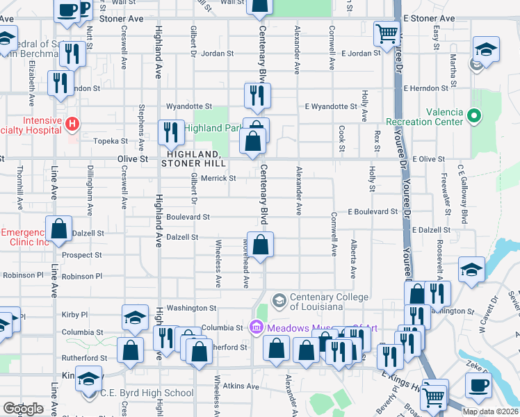 map of restaurants, bars, coffee shops, grocery stores, and more near 2212 Centenary Boulevard in Shreveport
