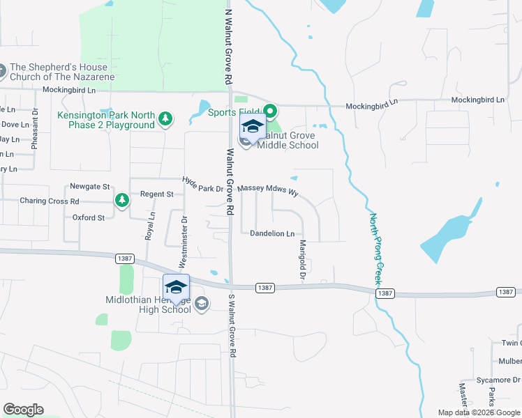 map of restaurants, bars, coffee shops, grocery stores, and more near 726 Larkspur Lane in Midlothian