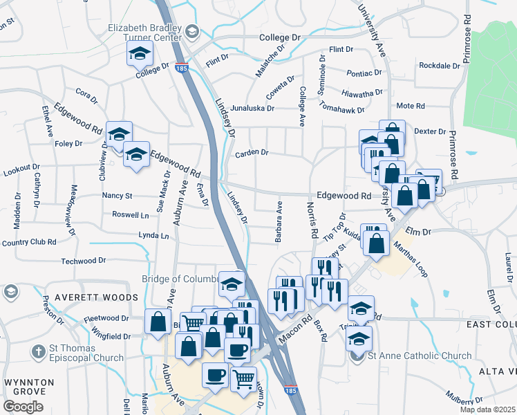 map of restaurants, bars, coffee shops, grocery stores, and more near 3307 Gail Drive in Columbus