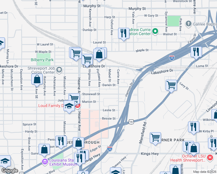 map of restaurants, bars, coffee shops, grocery stores, and more near 2329 Darien Street in Shreveport