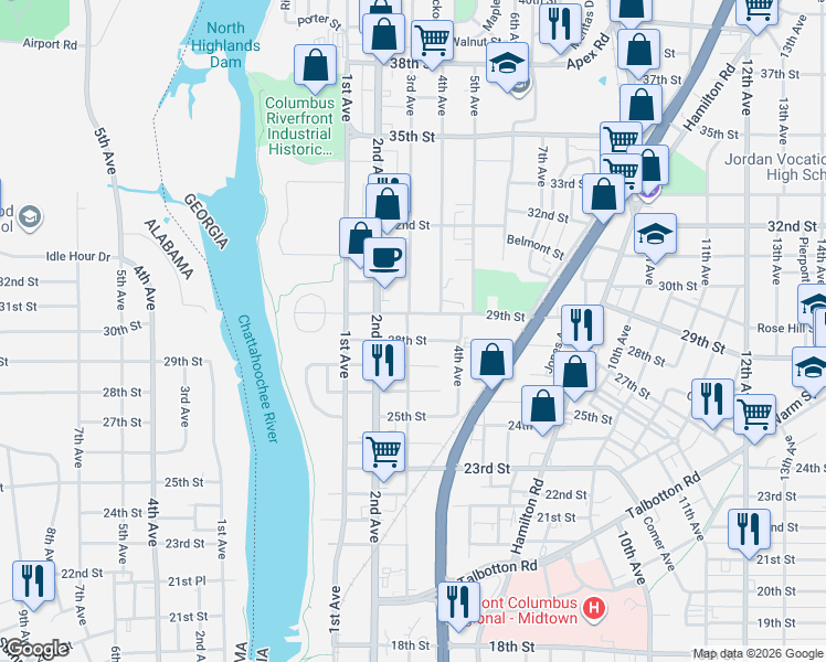 map of restaurants, bars, coffee shops, grocery stores, and more near 307 28th Street in Columbus