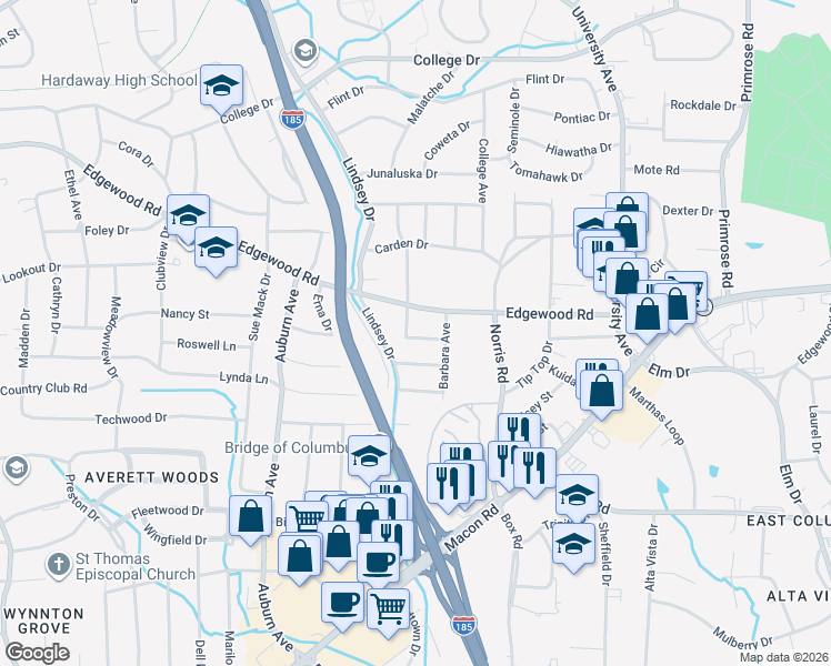 map of restaurants, bars, coffee shops, grocery stores, and more near 3307 Gail Drive in Columbus