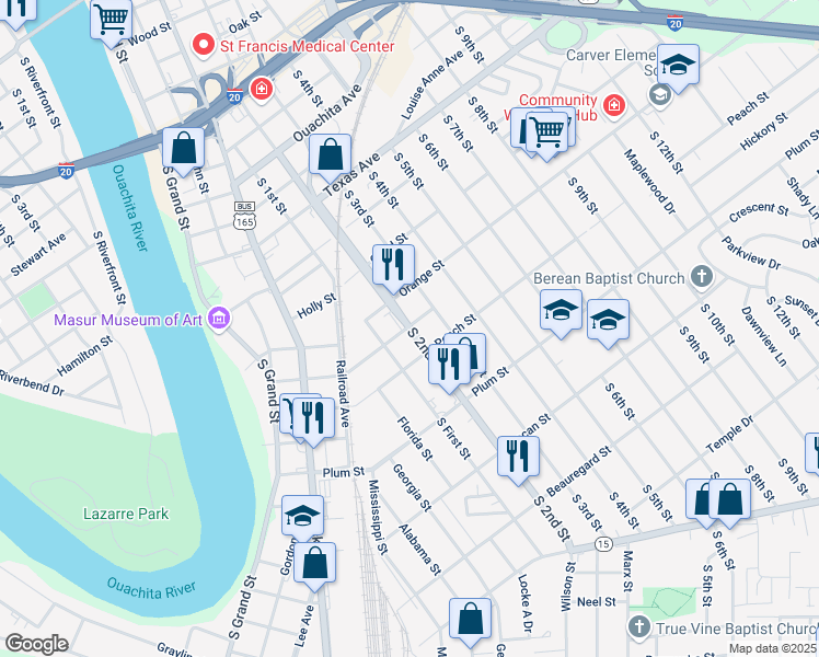 map of restaurants, bars, coffee shops, grocery stores, and more near 654 South 2nd Street in Monroe