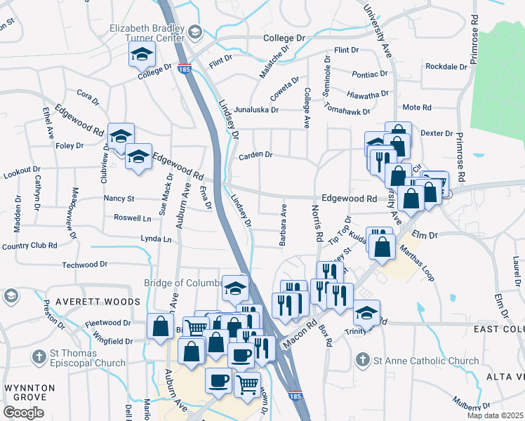 map of restaurants, bars, coffee shops, grocery stores, and more near 3307 Gail Drive in Columbus