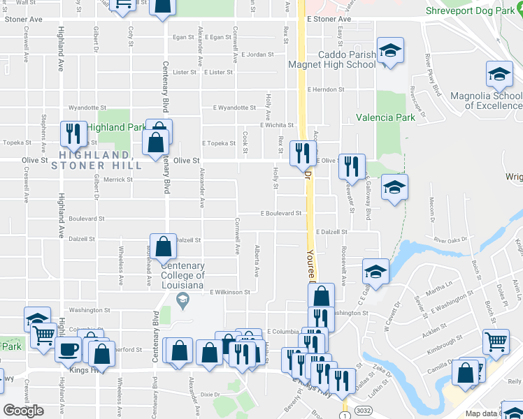 map of restaurants, bars, coffee shops, grocery stores, and more near 240 East Boulevard Street in Shreveport