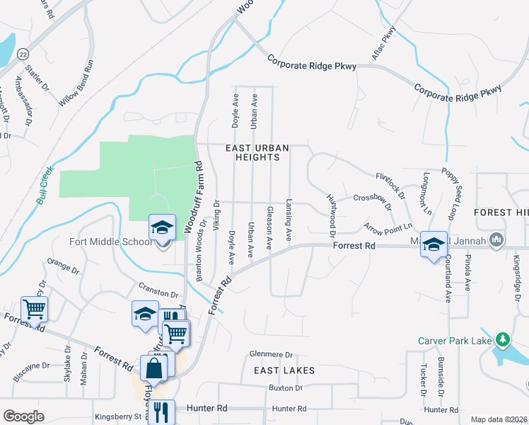 map of restaurants, bars, coffee shops, grocery stores, and more near 2940 Gleason Avenue in Columbus