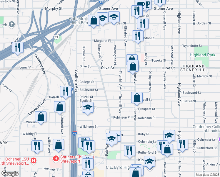 map of restaurants, bars, coffee shops, grocery stores, and more near 948 Boulevard Street in Shreveport