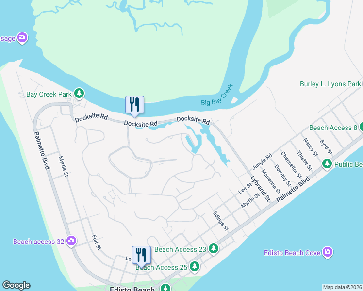 map of restaurants, bars, coffee shops, grocery stores, and more near 36 Battery Park Road in Edisto Island