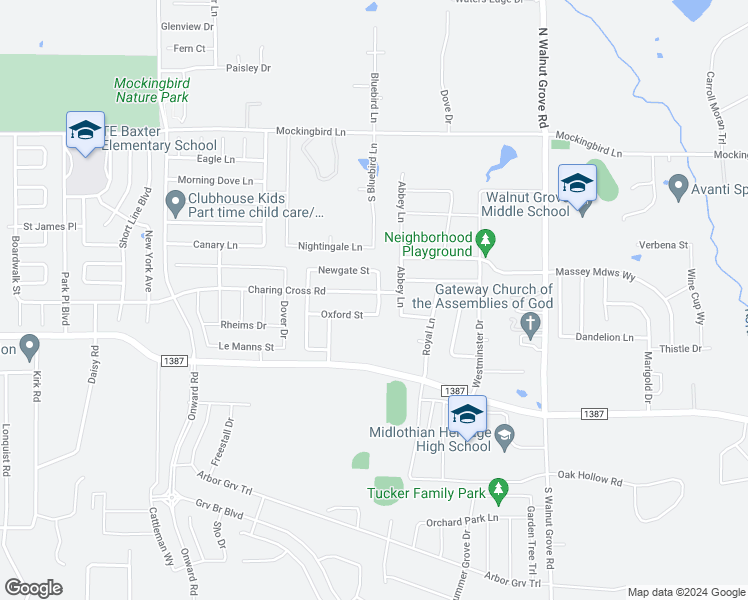 map of restaurants, bars, coffee shops, grocery stores, and more near 3454 Charing Cross Road in Midlothian