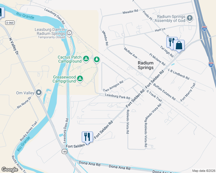 map of restaurants, bars, coffee shops, grocery stores, and more near 855 Tres Amigos Road in Las Cruces