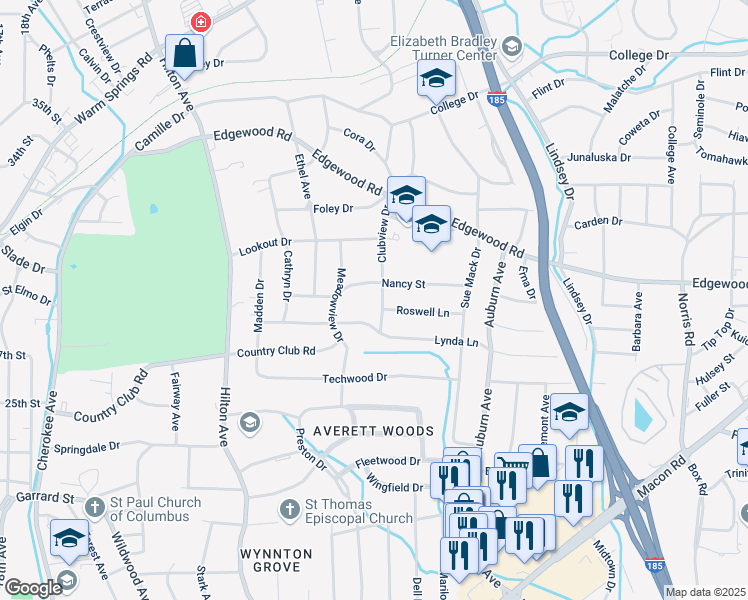 map of restaurants, bars, coffee shops, grocery stores, and more near 2829 Clubview Drive in Columbus
