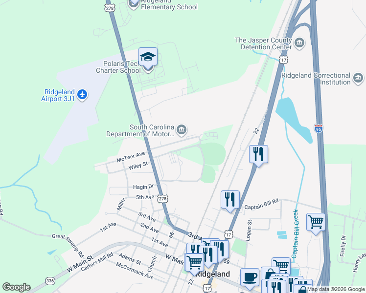 map of restaurants, bars, coffee shops, grocery stores, and more near 293 Volunteer Park Road in Ridgeland