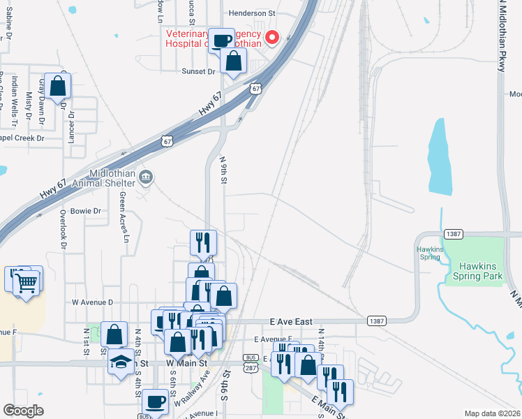 map of restaurants, bars, coffee shops, grocery stores, and more near 223 East Indiana Avenue in Midlothian