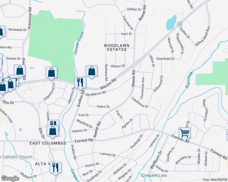 map of restaurants, bars, coffee shops, grocery stores, and more near 4334 Old Macon Road in Columbus