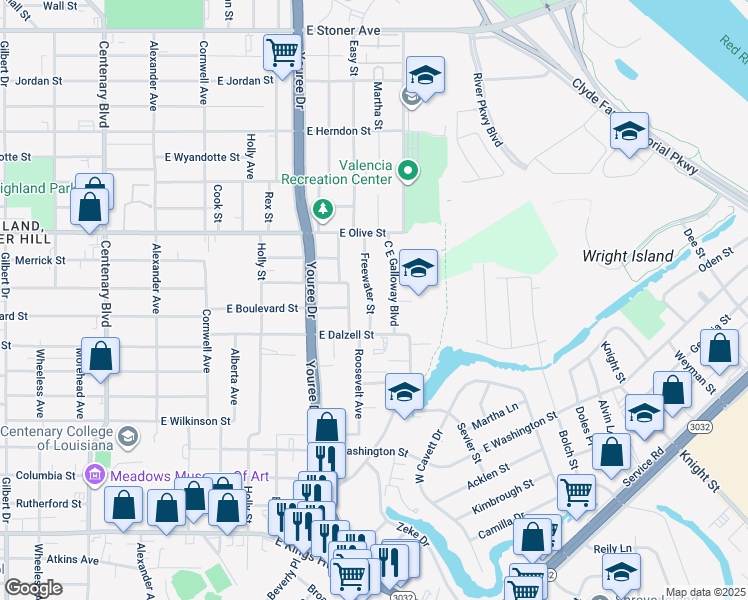 map of restaurants, bars, coffee shops, grocery stores, and more near 2229 Freewater Street in Shreveport