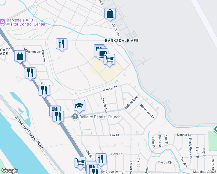 map of restaurants, bars, coffee shops, grocery stores, and more near 1515 Holiday Place in Bossier City