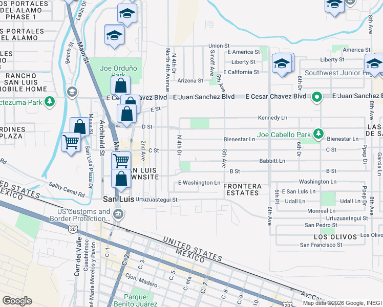 map of restaurants, bars, coffee shops, grocery stores, and more near 10286-10452 Babbitt Ln in San Luis