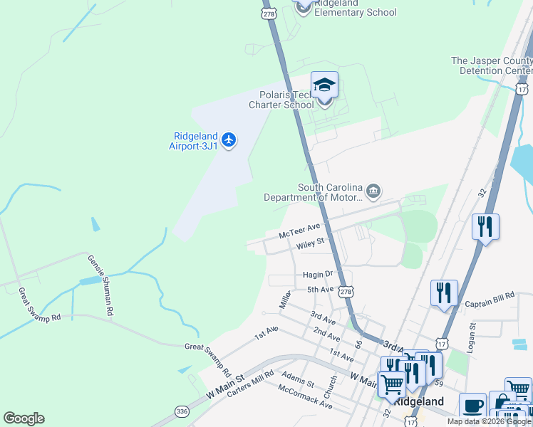 map of restaurants, bars, coffee shops, grocery stores, and more near 893 Grays Highway in Ridgeland