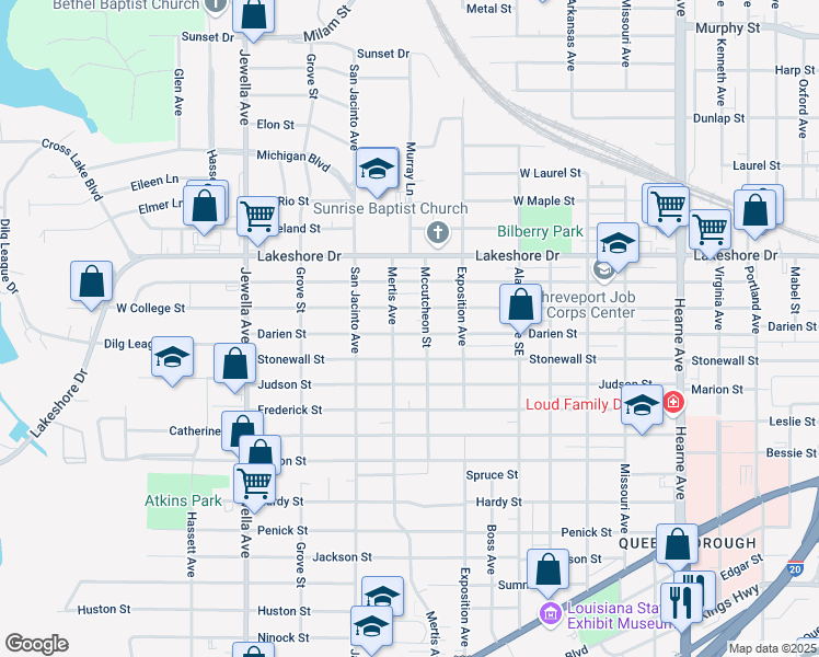 map of restaurants, bars, coffee shops, grocery stores, and more near 3318 Darien Street in Shreveport