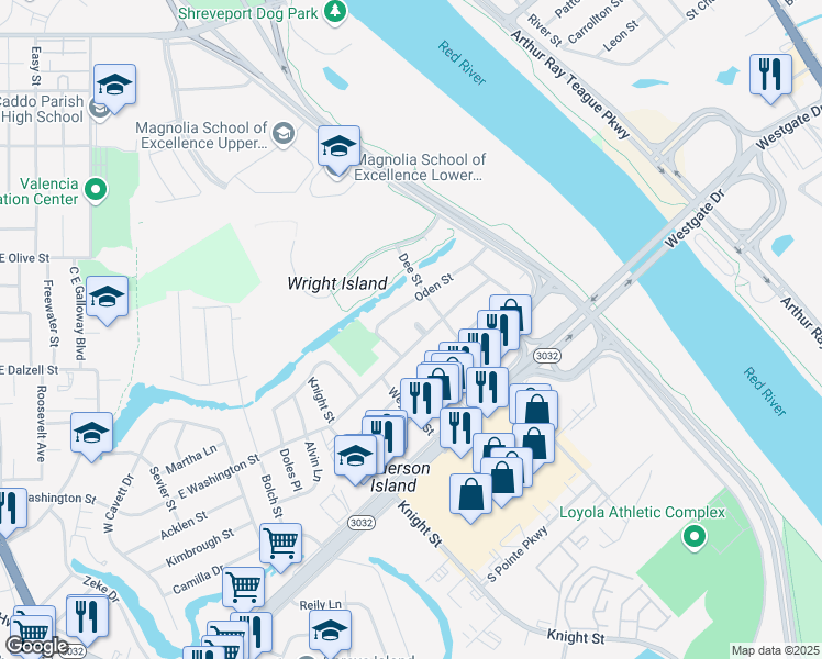 map of restaurants, bars, coffee shops, grocery stores, and more near 1234 Pardue Court in Shreveport