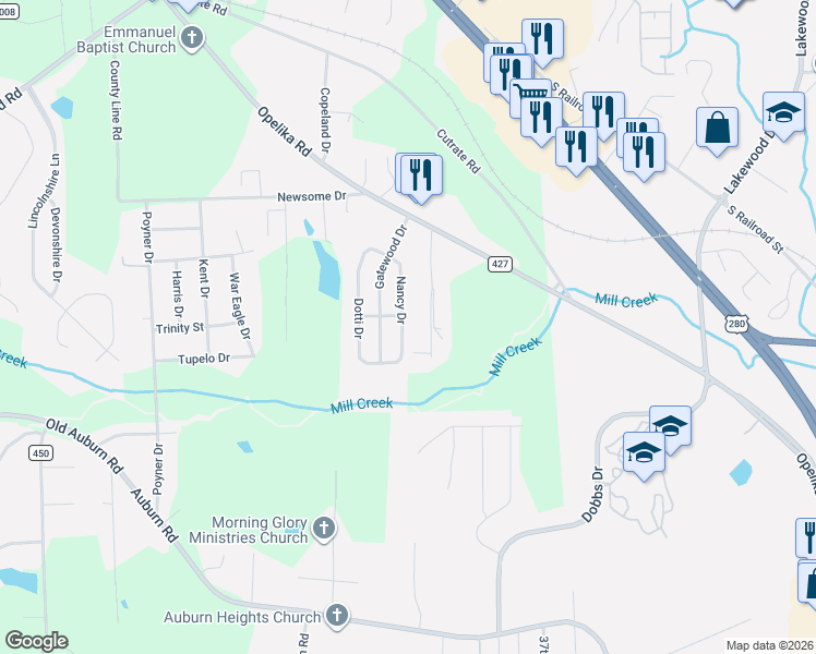 map of restaurants, bars, coffee shops, grocery stores, and more near 24 Gauntt Road in Phenix City