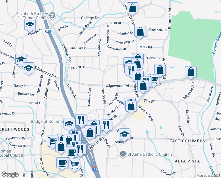 map of restaurants, bars, coffee shops, grocery stores, and more near 3526 Edgewood Road in Columbus