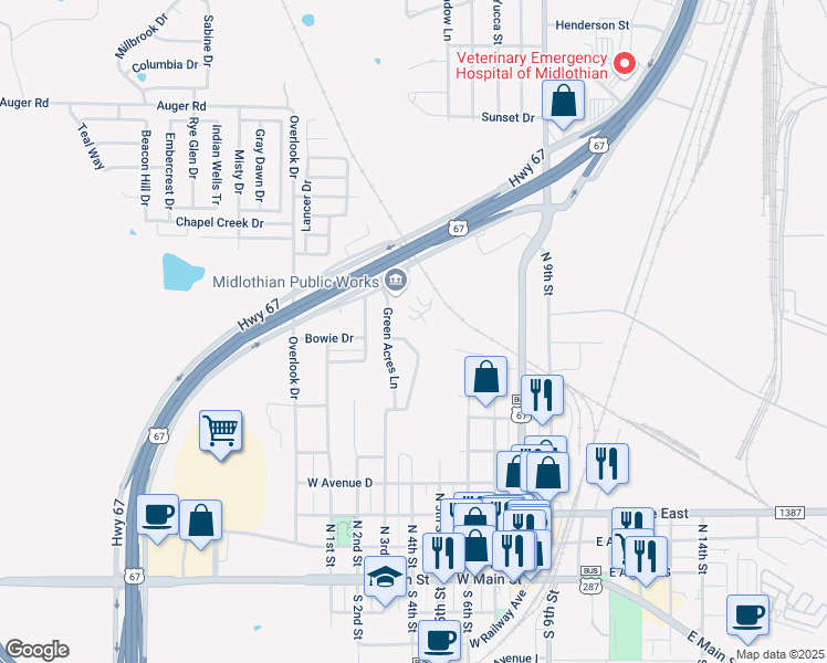 map of restaurants, bars, coffee shops, grocery stores, and more near 822 Mr Haney Drive in Midlothian
