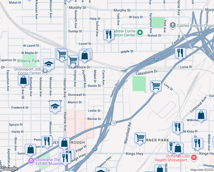 map of restaurants, bars, coffee shops, grocery stores, and more near 2230 Darien Street in Shreveport