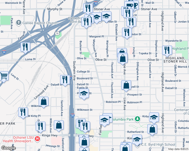 map of restaurants, bars, coffee shops, grocery stores, and more near 1027 Boulevard Street in Shreveport