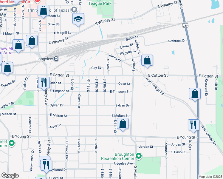 map of restaurants, bars, coffee shops, grocery stores, and more near 400 South 13th Street in Longview