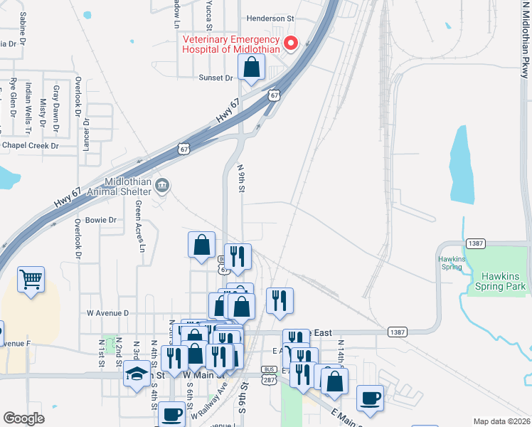 map of restaurants, bars, coffee shops, grocery stores, and more near 223 East Indiana Avenue in Midlothian