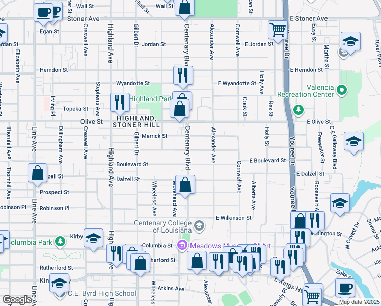 map of restaurants, bars, coffee shops, grocery stores, and more near 157 College Street in Shreveport