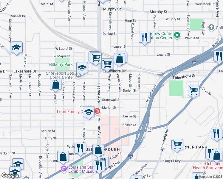 map of restaurants, bars, coffee shops, grocery stores, and more near 2217 Virginia Avenue in Shreveport