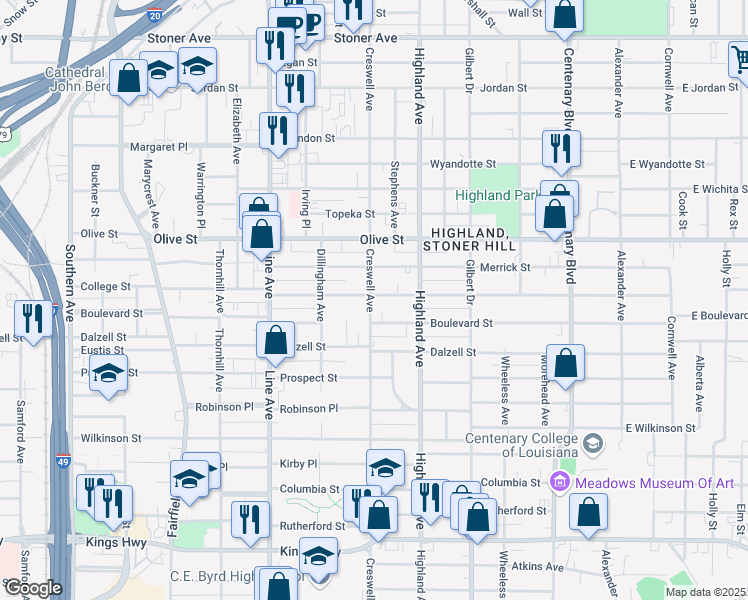 map of restaurants, bars, coffee shops, grocery stores, and more near 555 College Street in Shreveport