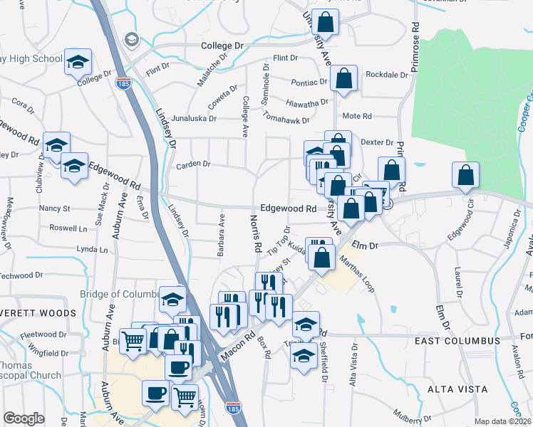 map of restaurants, bars, coffee shops, grocery stores, and more near 3526 Edgewood Road in Columbus