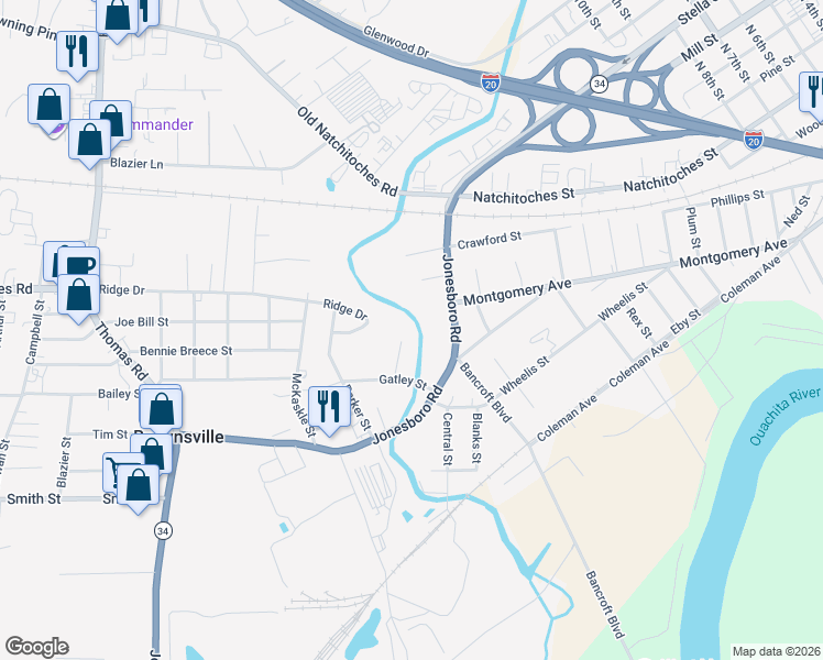 map of restaurants, bars, coffee shops, grocery stores, and more near 315 Jacob St in West Monroe
