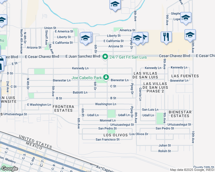 map of restaurants, bars, coffee shops, grocery stores, and more near 7th Ave in San Luis