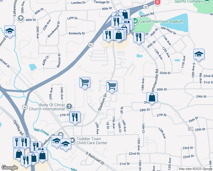 map of restaurants, bars, coffee shops, grocery stores, and more near 2813 Stadium Drive in Phenix City