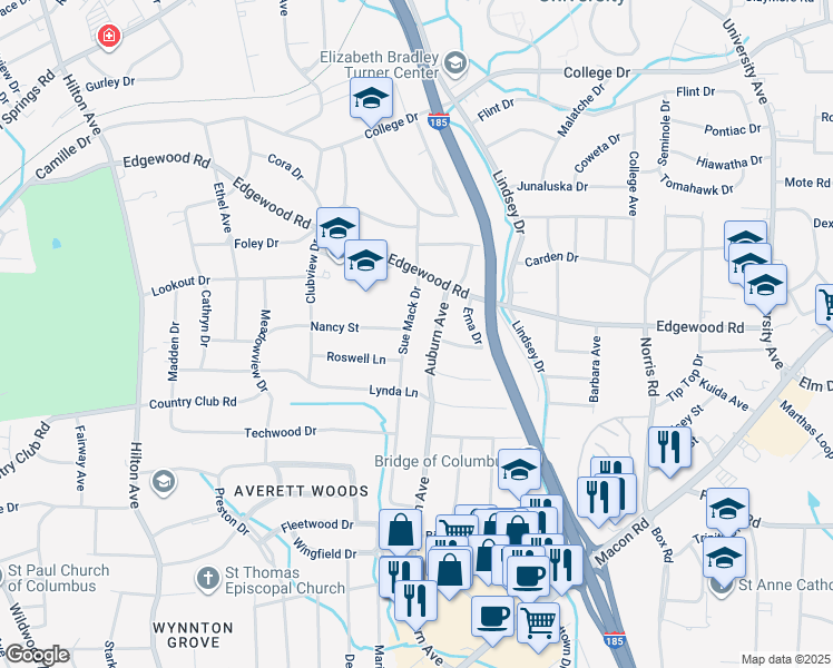 map of restaurants, bars, coffee shops, grocery stores, and more near 2906 Sue Mack Drive in Columbus