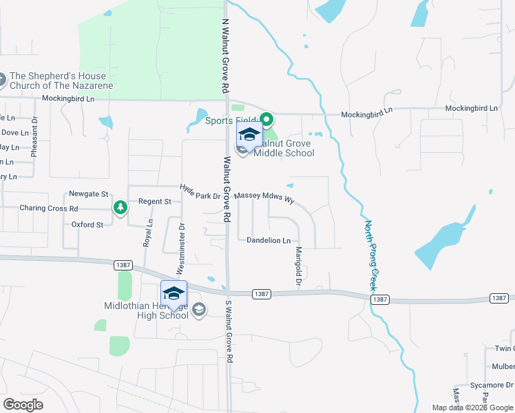 map of restaurants, bars, coffee shops, grocery stores, and more near 726 Larkspur Lane in Midlothian
