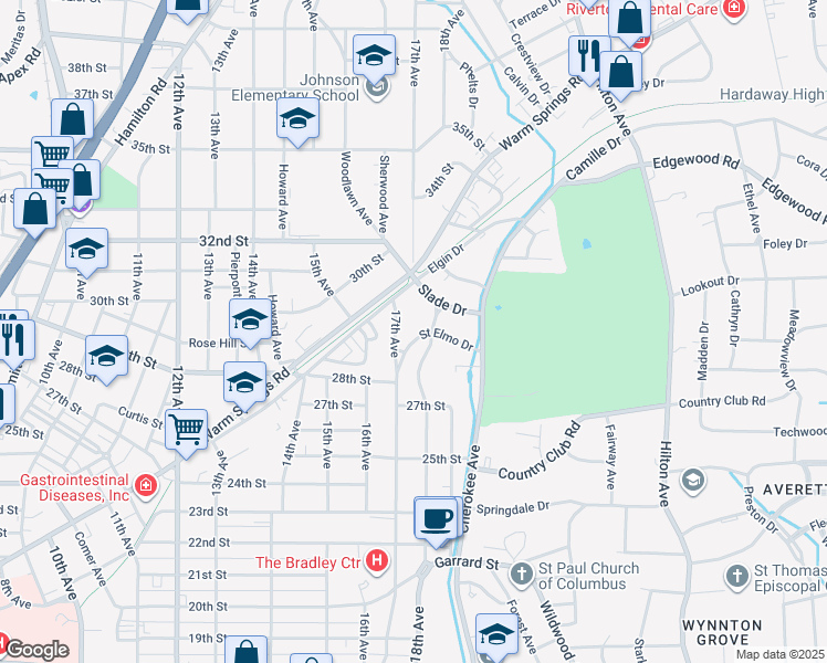 map of restaurants, bars, coffee shops, grocery stores, and more near 2908 18th Avenue in Columbus