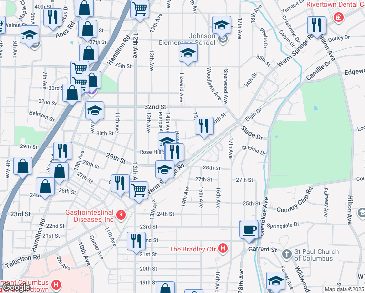 map of restaurants, bars, coffee shops, grocery stores, and more near 2927 Howard Avenue in Columbus