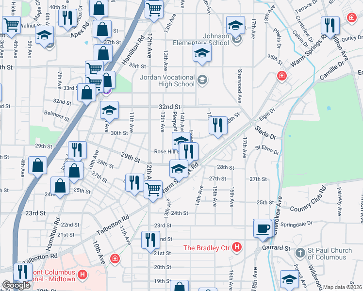 map of restaurants, bars, coffee shops, grocery stores, and more near 2910 Pierpont Avenue in Columbus