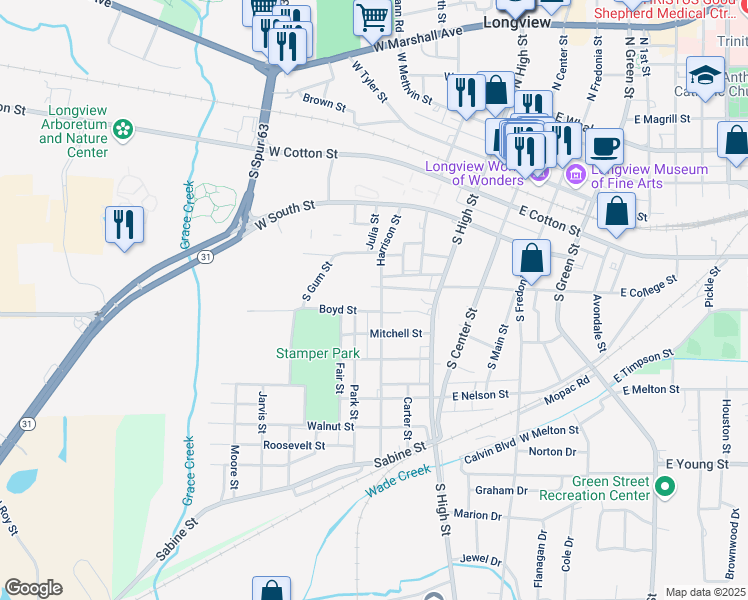 map of restaurants, bars, coffee shops, grocery stores, and more near 230 Harrison Street in Longview