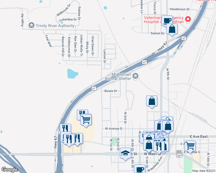 map of restaurants, bars, coffee shops, grocery stores, and more near 908 U.S. 67 Frontage Road in Midlothian
