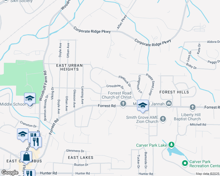 map of restaurants, bars, coffee shops, grocery stores, and more near 6104 Crossbow Drive in Columbus