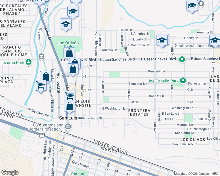 map of restaurants, bars, coffee shops, grocery stores, and more near 10286-10452 Babbitt Ln in San Luis
