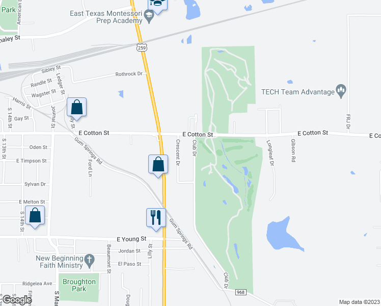 map of restaurants, bars, coffee shops, grocery stores, and more near 211 Club Drive in Longview