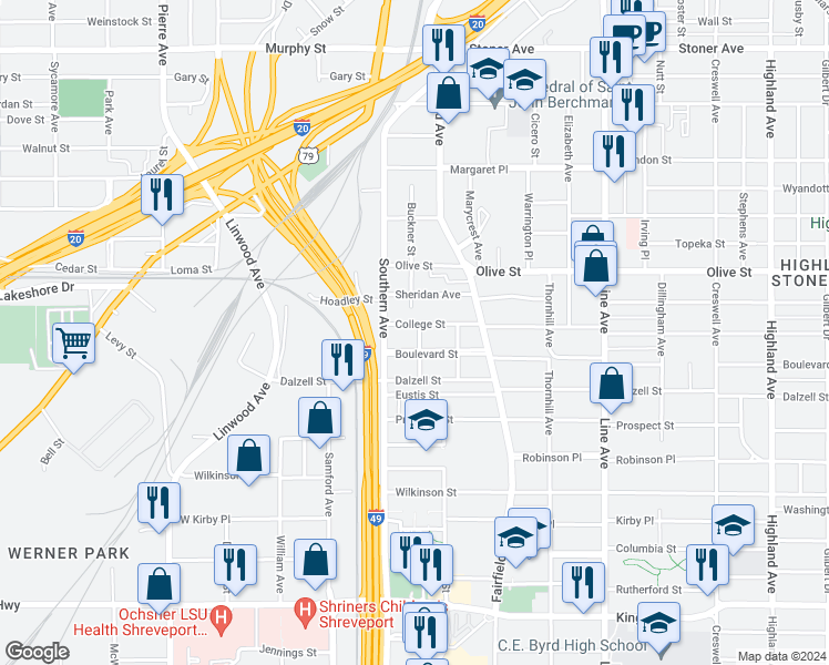 map of restaurants, bars, coffee shops, grocery stores, and more near 1073 Boulevard Street in Shreveport