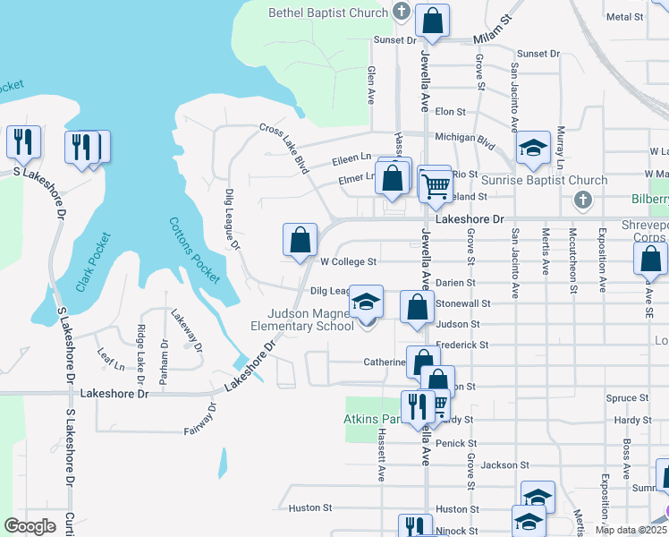 map of restaurants, bars, coffee shops, grocery stores, and more near 3823 West College Street in Shreveport